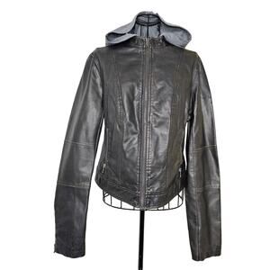 LEVI'S Distressed Faux Leather Motorcycle Jacket HOODIE Moto Coat Youth Medium
